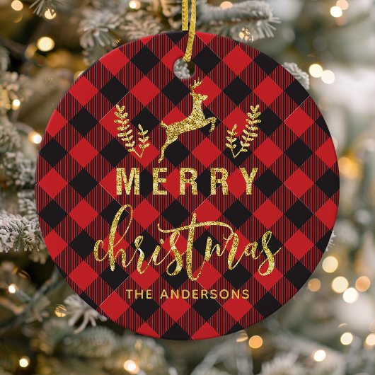 Buffalo Plaid Prettig Kerst Monogram Keramisch Ornament