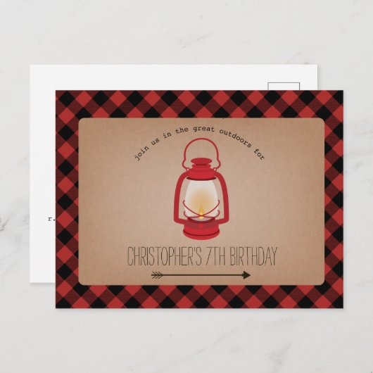 Buffalo Plaid Red Lantern Camping Verjaardag Uitnodiging Briefkaart (Voorkant / Achterkant)