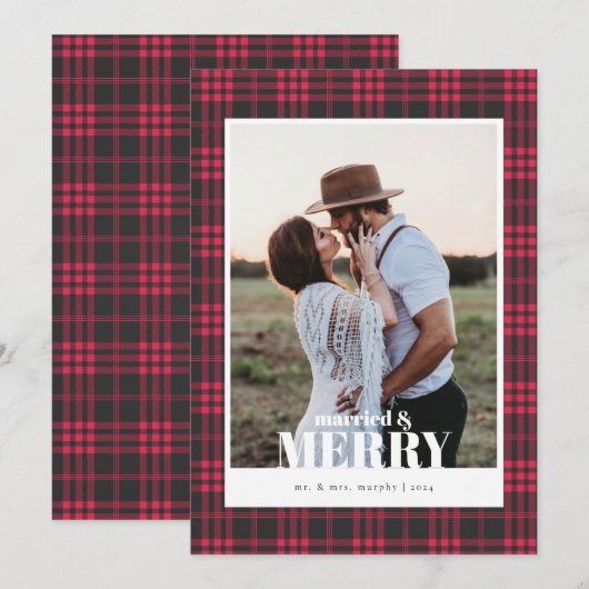 Buffalo Plaid Red Married & Merry-kerstkaart Feestdagenkaart (Voorkant / Achterkant)