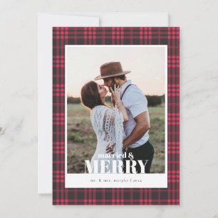 Buffalo Plaid Red Married & Merry-kerstkaart Feestdagenkaart