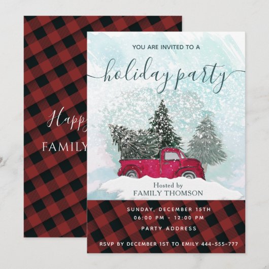Buffalo plaid red truck wintervakantie invi kaart (Voorkant / Achterkant)
