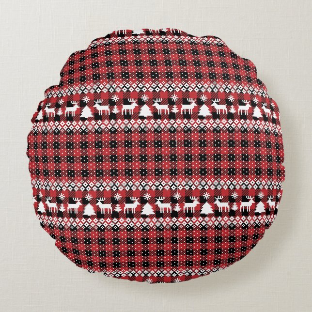 Buffalo Plaid Reindeer Fair Isle Rond Kussen (Voorkant)
