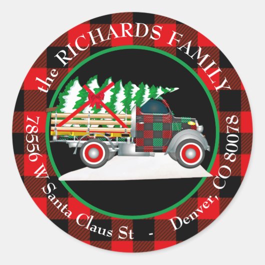 Buffalo Plaid Retro Truck Kerstretour adres Ronde Sticker (Voorkant)