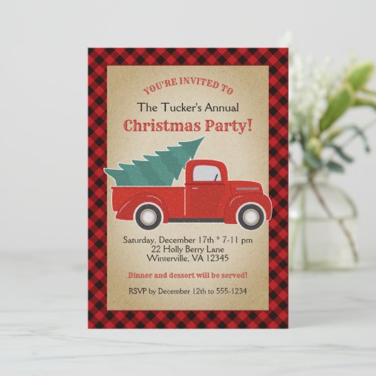 Buffalo Plaid Rode Truck en Tree Kerstfeest Kaart (Staand voorkant)