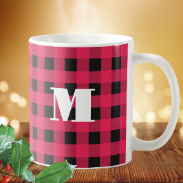 Buffalo Plaid Rood Zwart Geruit Monogram Kerstmis Koffiemok