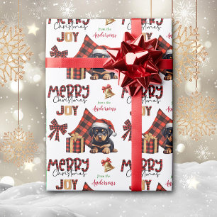 Buffalo Plaid Rottweiler Puppy Kerstmis Cadeaupapier