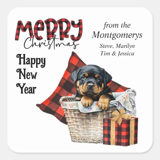 Buffalo Plaid Rottweiler Puppy Kerstmis Vierkante Sticker (Voorkant)