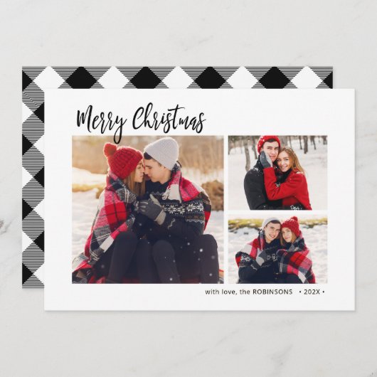 Buffalo Plaid Rustic 3 Multi Photo Christmas Feestdagenkaart (Voorkant / Achterkant)