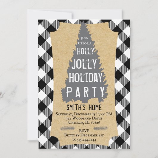 Buffalo Plaid Rustic Holly Jolly Party Uitnodiging (Voorkant)