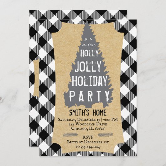 Buffalo Plaid Rustic Holly Jolly Party Uitnodiging (Voorkant / Achterkant)