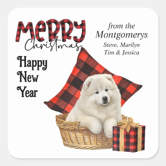 Buffalo Plaid Samoyed Puppy Kerstmis Vierkante Sticker (Voorkant)