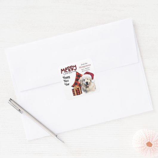 Buffalo Plaid Santa Hat Great Pyrenees Dog Vierkante Sticker (Envelop)