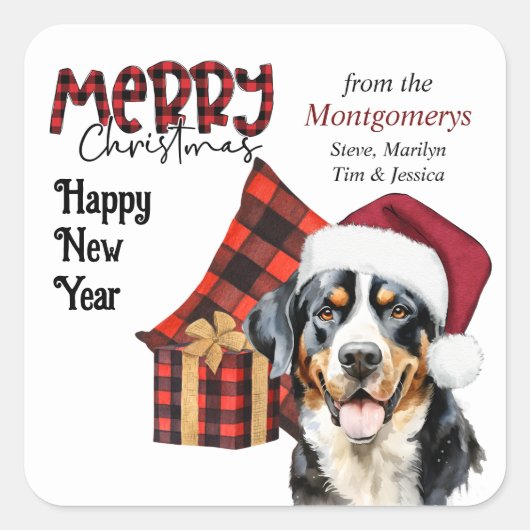 Buffalo Plaid Santa Hat Swiss Mountain Dog Vierkante Sticker (Voorkant)