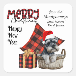 Buffalo Plaid Schnauzer Puppy Vakantie Vierkante Sticker