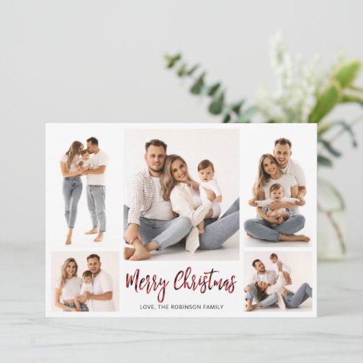 Buffalo Plaid Script 5 Fotocollage Kerstmis Feestdagenkaart (Staand voorkant)