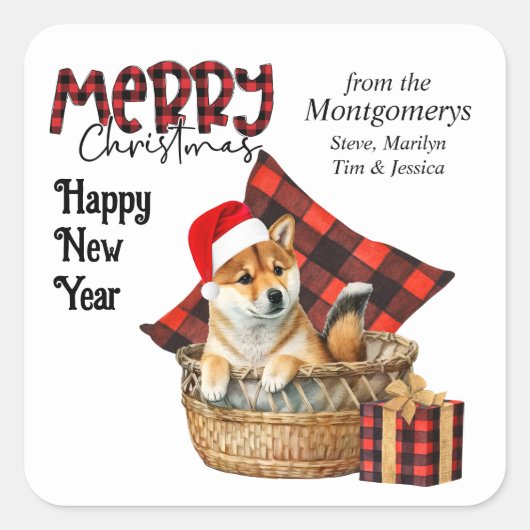 Buffalo Plaid Shiba Inu Puppy Kerstmis Vierkante Sticker (Voorkant)
