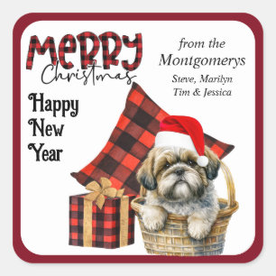 Buffalo Plaid Shih Tzu Puppy Kerstmis Vierkante Sticker