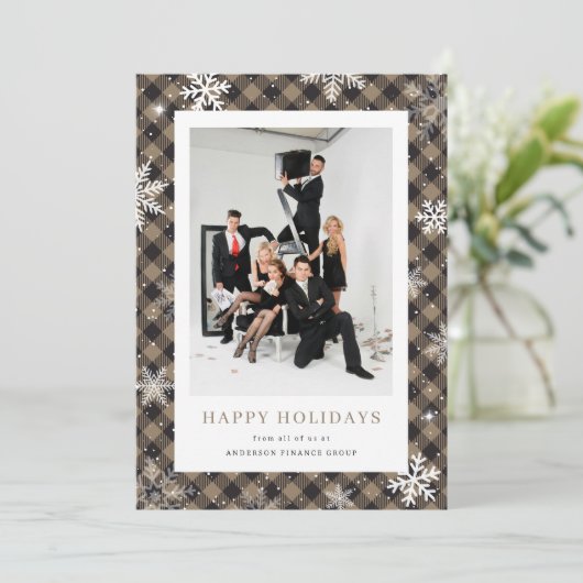Buffalo Plaid Snowflake Foto Bedrijfsactiviteiten Feestdagenkaart (Staand voorkant)