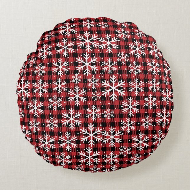 Buffalo Plaid Snowflake Winter Pattern Rond Kussen (Voorkant)