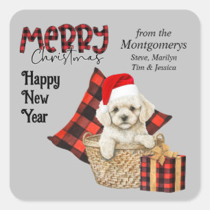 Buffalo Plaid Speelgoed Poedel Puppy Kerstmis Vierkante Sticker