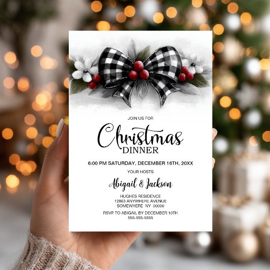Buffalo Plaid Strikje Kerst Dinner Kaart
