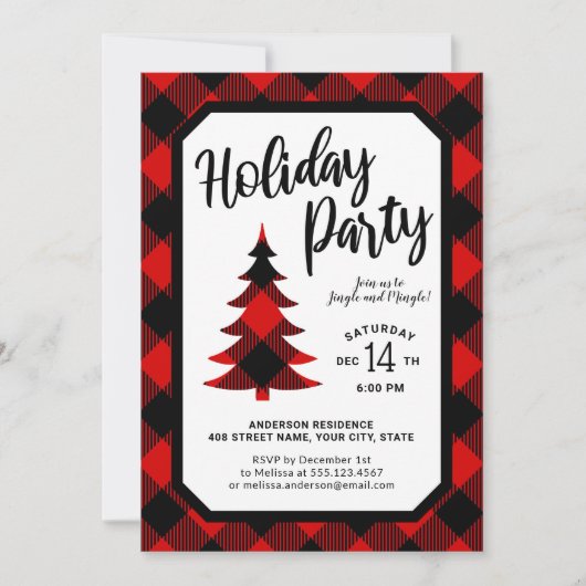 Buffalo Plaid Tree Holiday Party Uitnodiging (Voorkant)