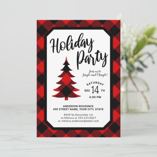 Buffalo Plaid Tree Holiday Party Uitnodiging (Staand voorkant)