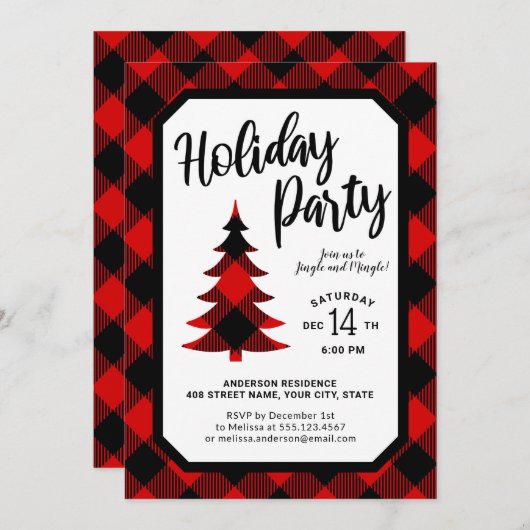 Buffalo Plaid Tree Holiday Party Uitnodiging (Voorkant / Achterkant)