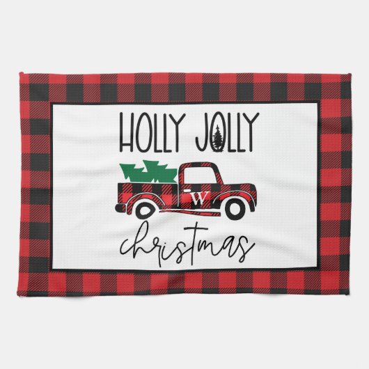 Buffalo Plaid  Truck Tree Monogrammed Theedoek (Horizontaal)