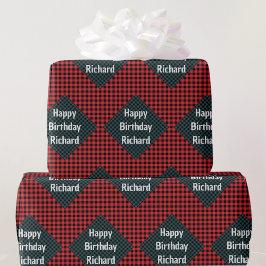 Buffalo Plaid Verjaardag Giftwrap Voeg Naam toe Cadeaupapier