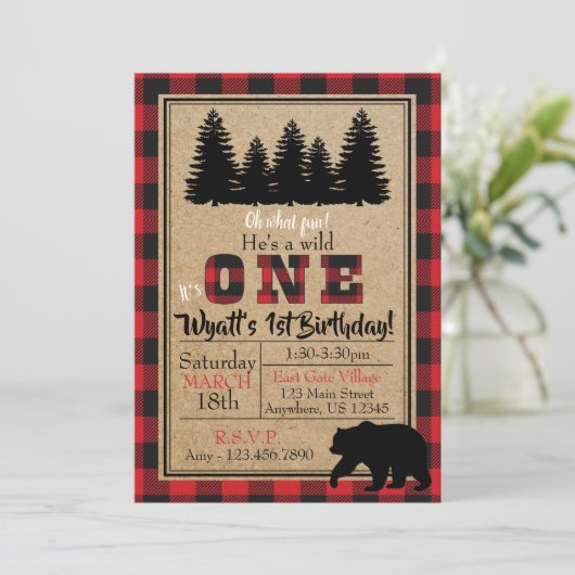 Buffalo Plaid Verjaardag Uitnodiging (Staand voorkant)