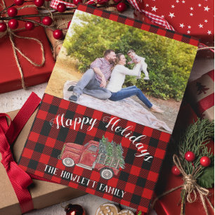 Buffalo Plaid Vintage Kersttruck Foto Briefkaart