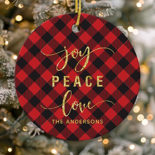 Buffalo Plaid Vreugde Vrede Liefde Monogram Kerstm Keramisch Ornament