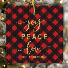 Buffalo Plaid Vreugde Vrede Liefde Monogram Kerstm Keramisch Ornament