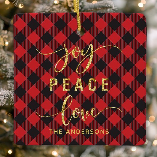 Buffalo Plaid Vreugde Vrede Liefde Monogram Kerstm Keramisch Ornament