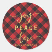 Buffalo Plaid Vreugde Vrede Liefde Monogram Ronde Sticker (Voorkant)