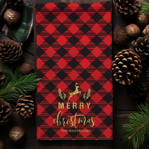 Buffalo Plaid vrolijk kerstfeest Monogram kerstfee Theedoek