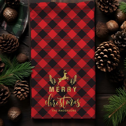 Buffalo Plaid vrolijk kerstfeest Monogram kerstfee Theedoek