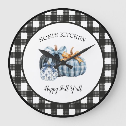 Buffalo Plaid Waterverf Blue Pumpkin Grote Klok (Voorkant)