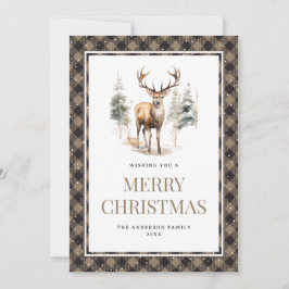 Buffalo Plaid Waterverf Deer Snow Vrolijk kerstfee Feestdagenkaart