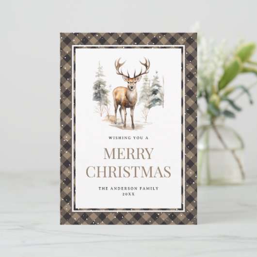 Buffalo Plaid Waterverf Deer Snow Vrolijk kerstfee Feestdagenkaart (Staand voorkant)