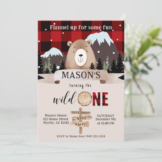 Buffalo Plaid Wild Een Beer 1e Verjaardag Kaart (Staand voorkant)