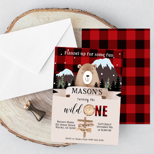 Buffalo Plaid Wild Een Beer 1e Verjaardag Kaart