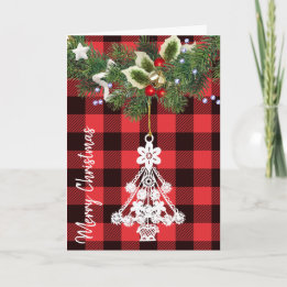 Buffalo Plaid Witte Kerstboomornament Feestdagen Kaart