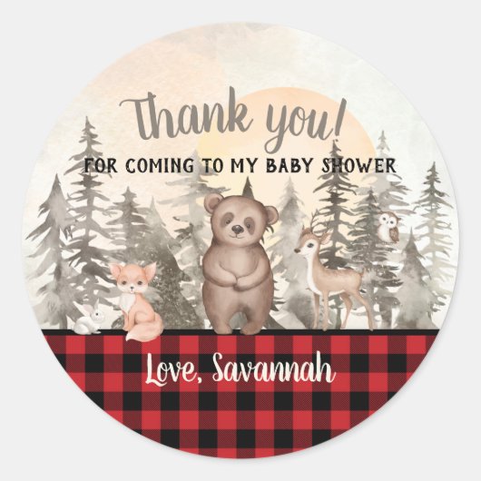 Buffalo Plaid Woodland Baby shower Dank u Ronde Sticker (Voorkant)