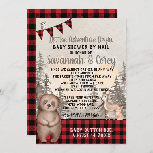 Buffalo Plaid Woodland Baby shower per post Kaart (Voorkant / Achterkant)