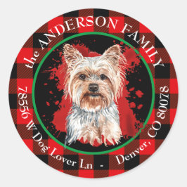 Buffalo Plaid Yorkshire Terrier Retouradres Ronde Sticker