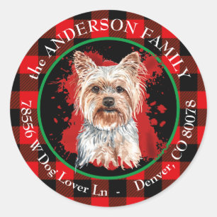 Buffalo Plaid Yorkshire Terrier Retouradres Ronde Sticker