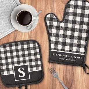 Buffalo Plaid Zwart en Wit Geruit Geborduurd Monog Ovenwant & Pannenlap Set