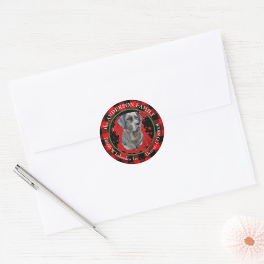 Buffalo Plaid Zwart Lab Kerst Retouradres Ronde Sticker (Envelop)